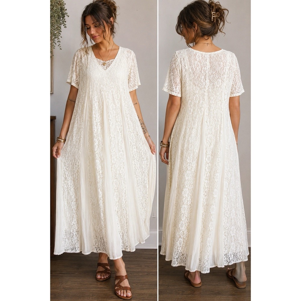 VTG 90s Willow Ridge Ivory Lace Maxi Dress Boho Cottagecore Romantic M Floral